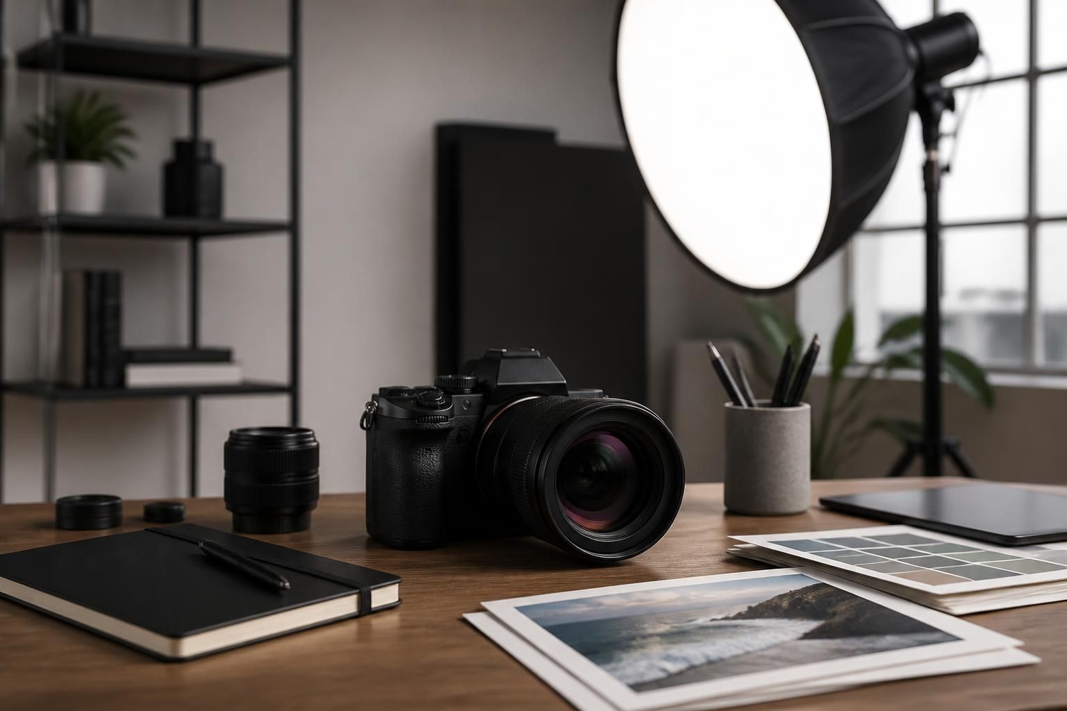 Content production setup with camera and creative materials.
