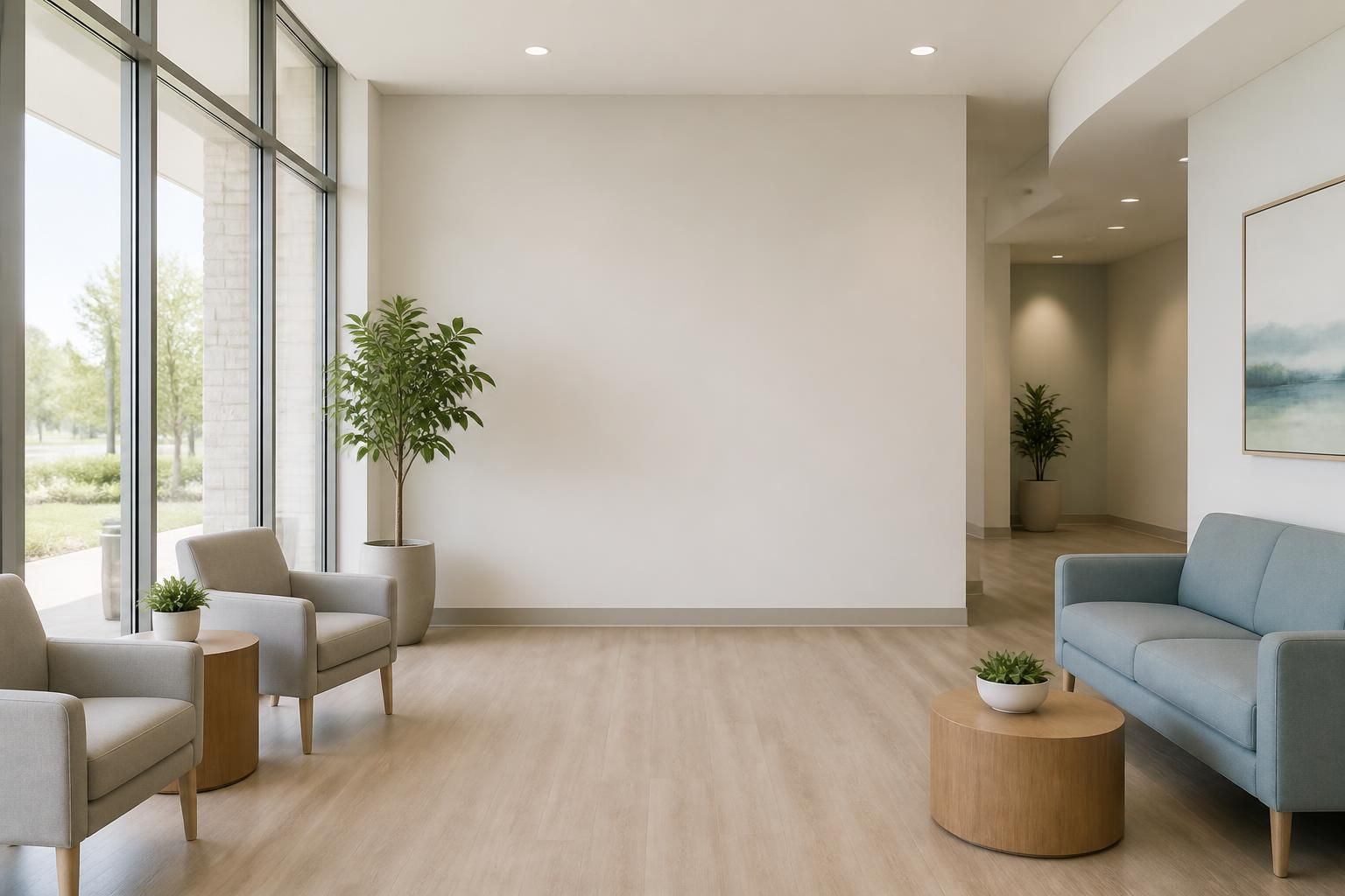 Bright modern healthcare office with open space for text overlay.