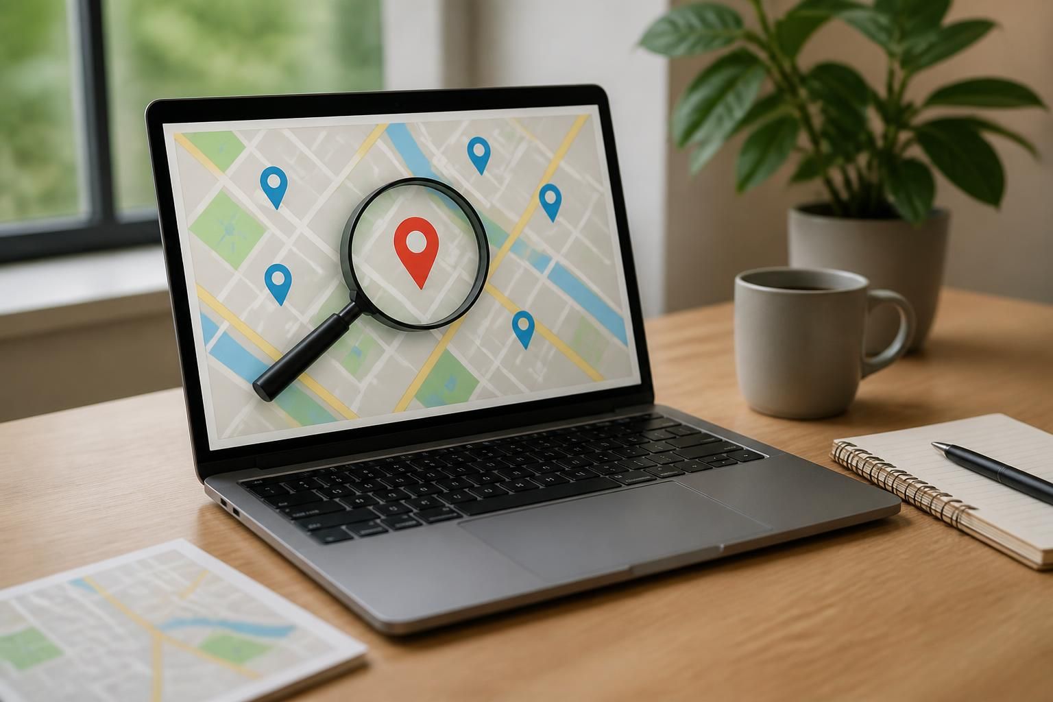 Local search optimization workspace with laptop and map-inspired visuals.