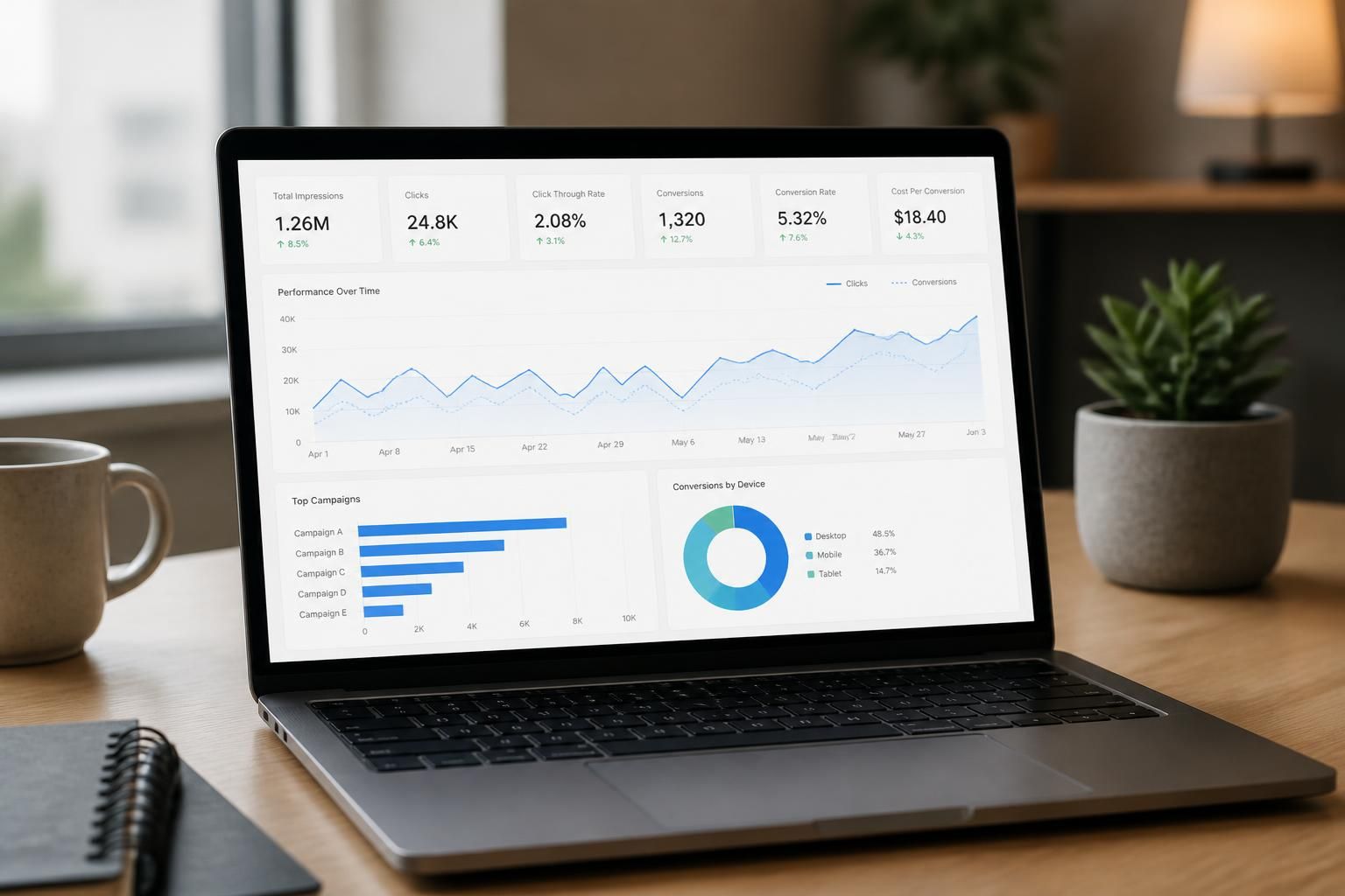 Laptop showing clean advertising analytics in a modern workspace.