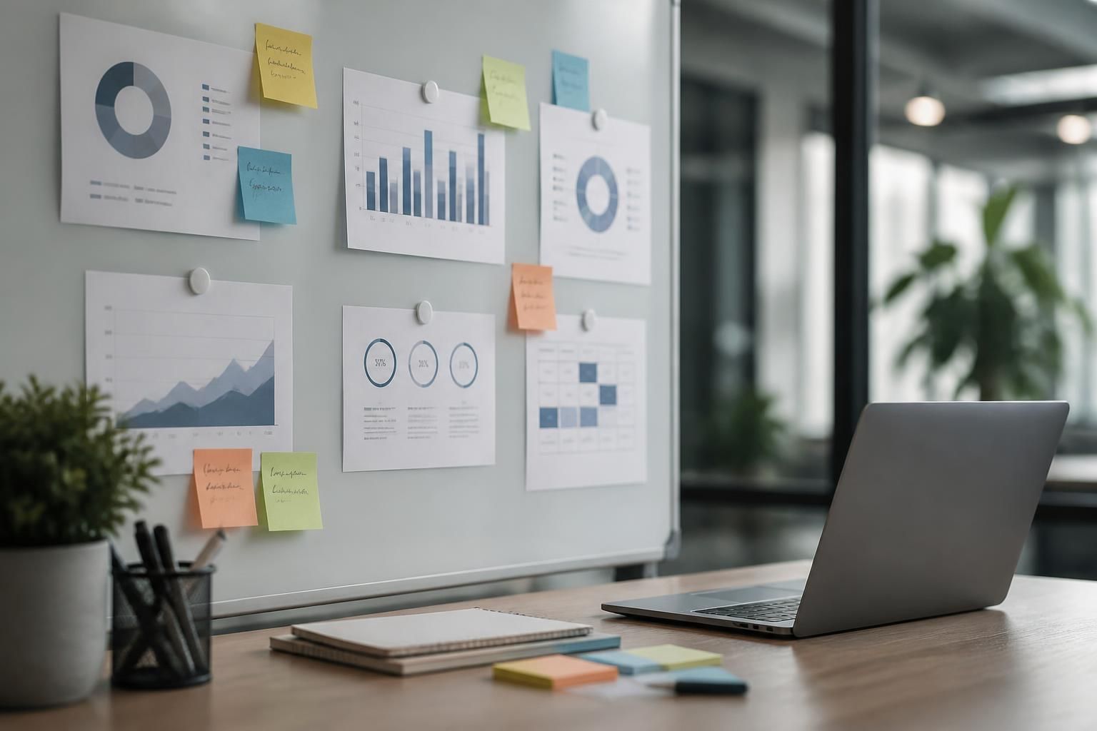 Strategic planning board with charts and a laptop in a modern office.