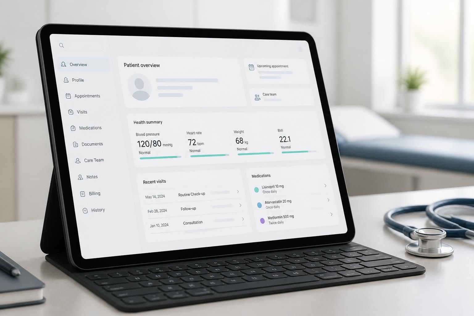 Tablet showing a patient management interface in a clinic setting.