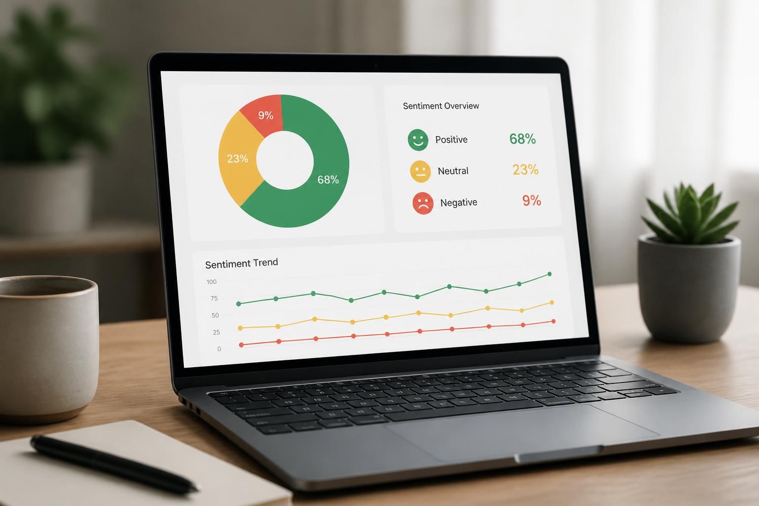 Online reputation monitoring displayed on a laptop screen.