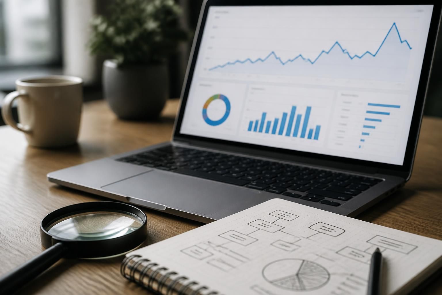Search analytics displayed on a laptop with organized strategy notes.