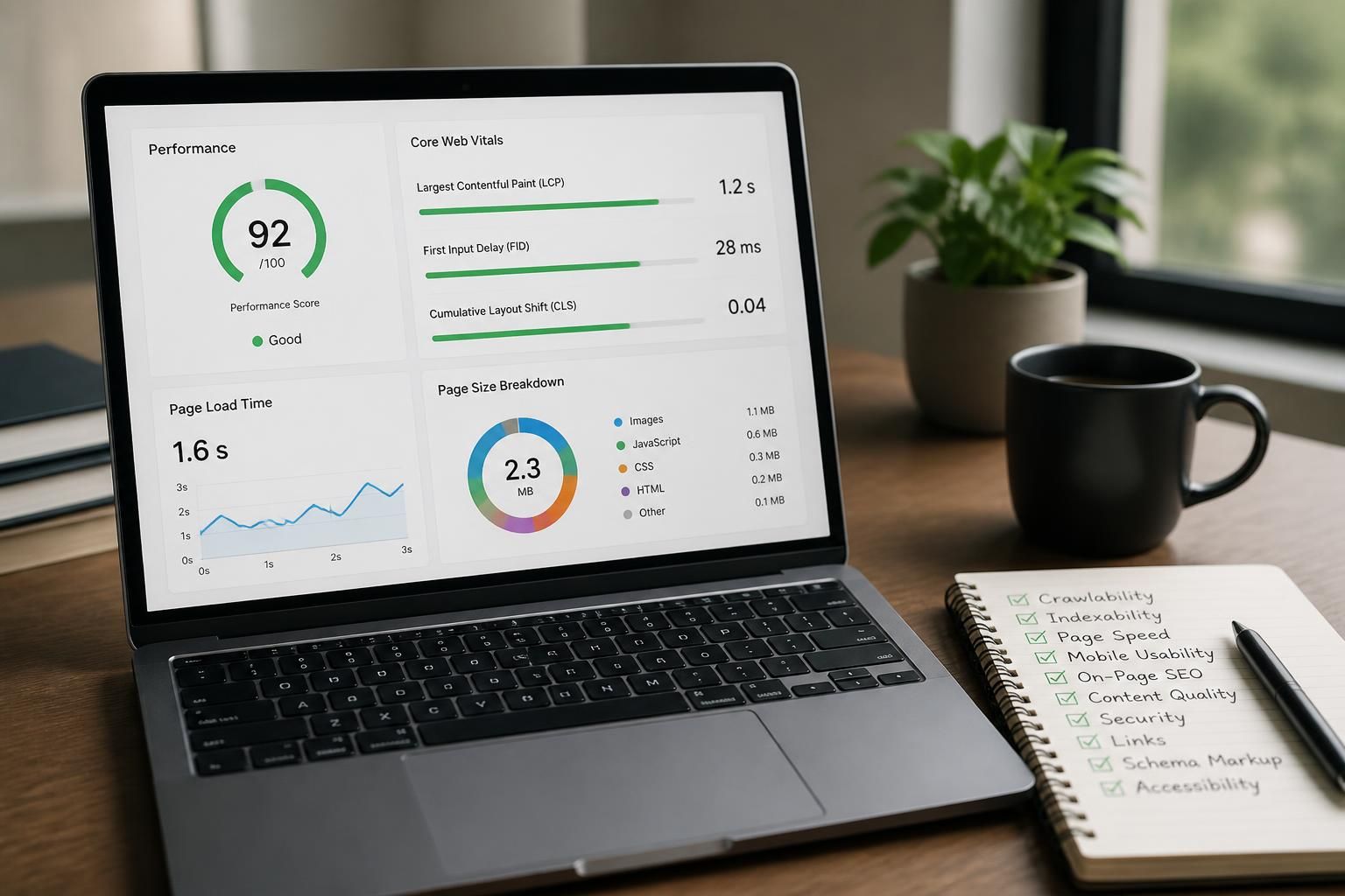 Website audit workspace with performance metrics on a laptop.